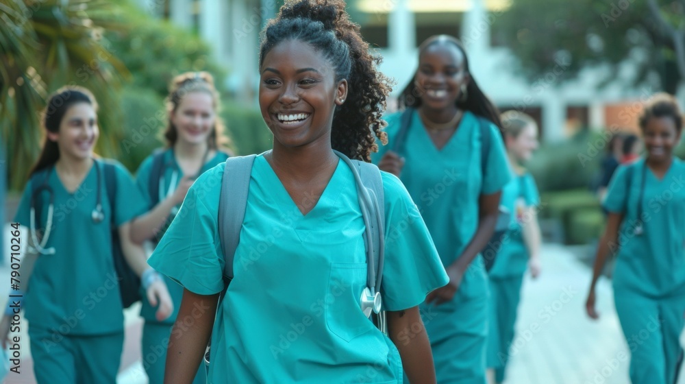 Fototapeta premium A group of women wearing green scrubs and backpacks walking together
