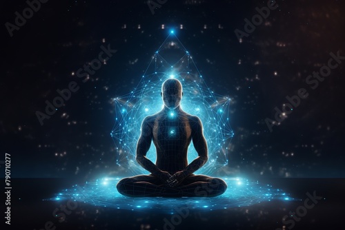 isolated illustration of yoga lotus pose icon shaped with blue neural connection, Generative photo