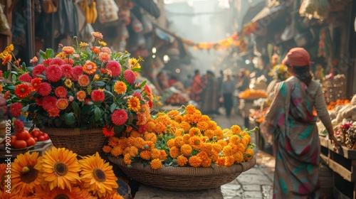 A vibrant market scene with a flower shop displaying bouquets, fresh fruits, vegetables, and pumpkins in an autumn setting. photo