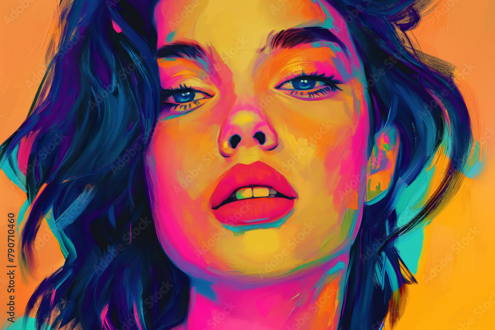 Portrait of girl pop art. a close up of a woman s face in a colorful painting. Generative AI