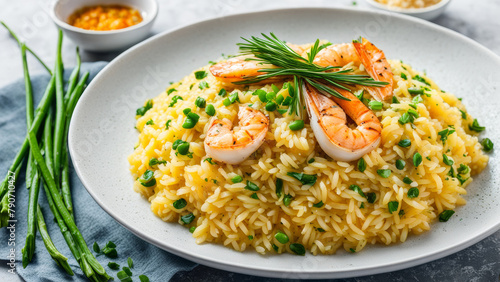 Steamed seafood risotto, saffron rice and finely chopped green onions.