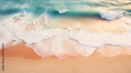 Aerial view of the gentle waves crashing on a sandy beach