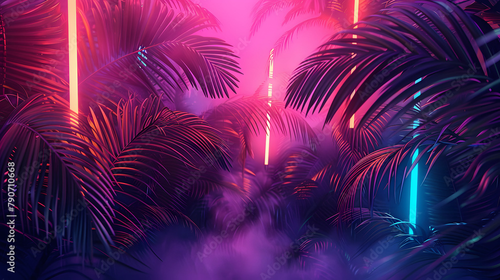 Illustration of a tropical background in neon light in retro style Illustration of a tropical background in neon light in retro style