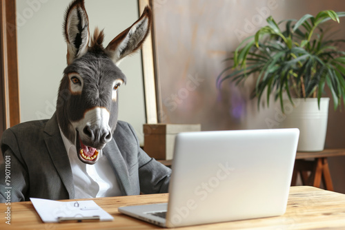 Shocked donkey with his mouth open in a store.A donkey sits at a desk with a laptop computer and a houseplant in a flowerpot. Generative AI