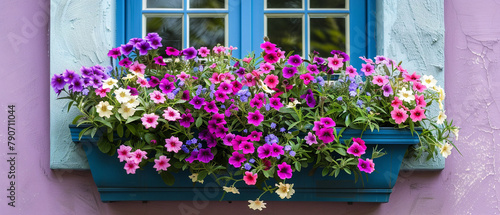 A vibrant window box blooms with an abundance of trailing flowers in various colors.