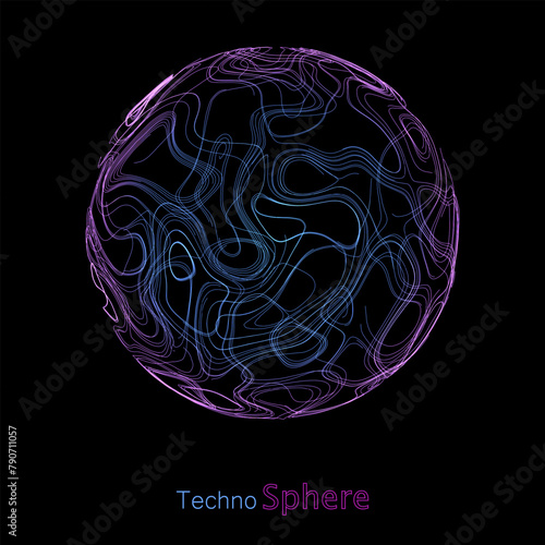 Abstract circle with lines concept on dark background. Contours  chaotic curving color lines on sphere.
