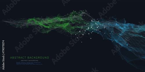 Abstract background graph dots in noisy net on dark. Technology wireframe concept data plexus in virtual space. Banner for business, science and technology data analytics. Big Data.