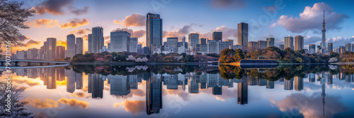 Tokyo panorama. City skyscrapers mirrored in lake at sunset, creating stunning cityscape. Generative AI