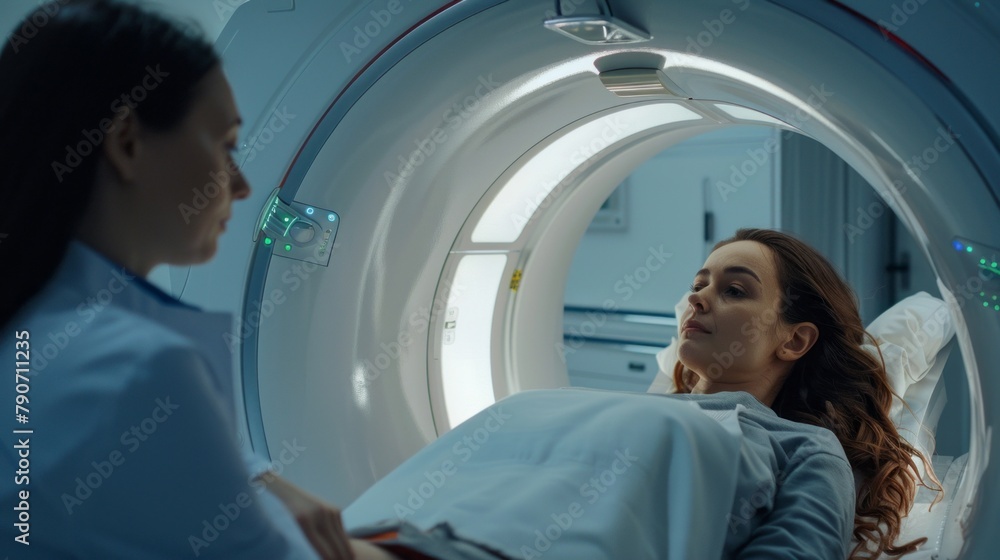 A woman is in a hospital room with a doctor standing next to her A woman is in a hospital room with a doctor standing next to her