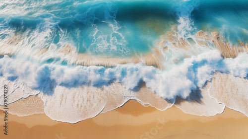 Aerial view of foamy ocean waves gently reaching a sandy beach shoreline