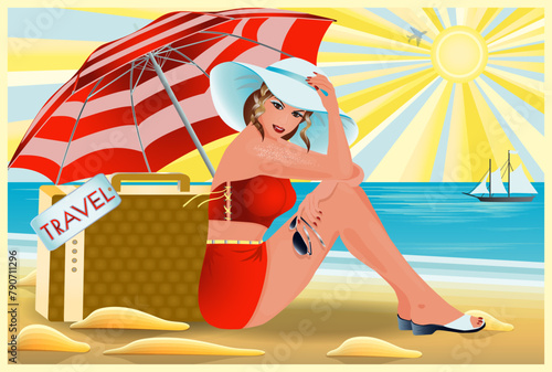 Travel Pinup sexy girl with bag, vip card, vector illustration