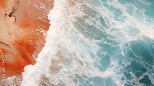 Aerial View of Waves Crashing on the Vibrant Orange Shoreline photo