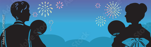 バナー　夏　浴衣　花火大会　男性　女性　シルエット　手描き　和風　フレーム　背景　イラスト素材