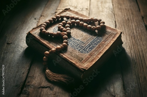an ancient rosary resting on a Quran, both placed on an old wooden desk