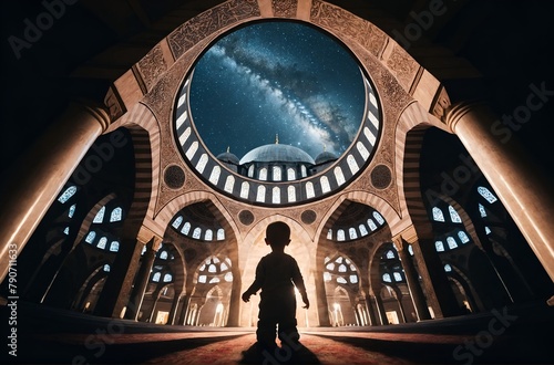 a child looking at a star-filled sky through the dome of a mosque photo