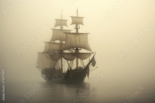 Phantom ship sailing on a foggy sea.