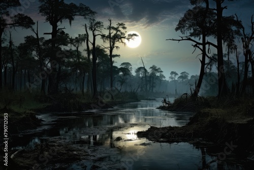 Moonlit swamp with crooked trees. © OhmArt