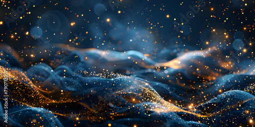 Abstract background with gold stars particles and abstract background with dark blue and gold sparks and dusk , blue gold flowing motion  glowing particles wave on dark background wallpaper 
