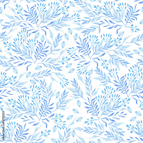 Botanical seamless pattern illustration with blue branches and leaves over a white background. Spring and summer theme.