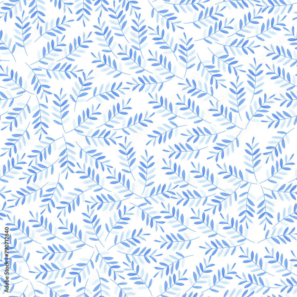 Botanical seamless pattern illustration with blue and azure branches , leaves and wildflowers over a white background. Spring and summer theme.