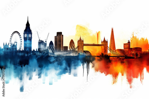 London City. A watercolor painting capturing Londons iconic skyline and landmarks. Generative AI