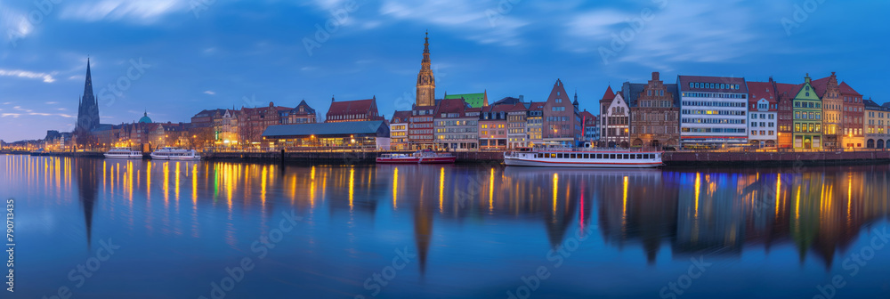 Naklejka premium Bremen panorama. City skyline reflected in water at night, creating a stunning afterglow. Perfect for travel brochures or cityscape photography collections. Generative AI.