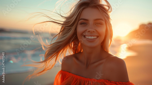 Blonde woman in a flowing orange dress smiles on a sunset beach, her long hair caught in the breeze. photo