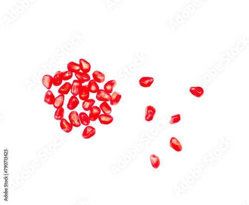 Pomegranate seeds isolated on a white background. Top view. Flat lay