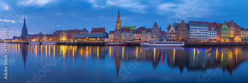 Bremen panorama. City skyline reflected in water at night  creating a stunning afterglow.  Perfect for travel brochures or cityscape photography collections. Generative AI.