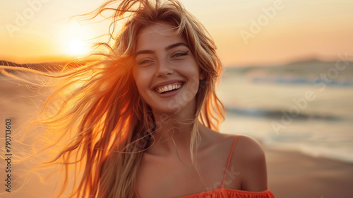 Stunning blonde woman in a flowing orange dress, smiling on the beach at sunset with her long hair in the wind. © HillTract