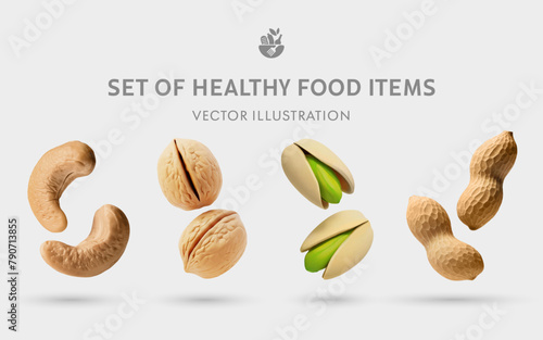 A Set of Healthy Food 3D Vector Items: Cashew, Walnut, Pistachio, Peanut