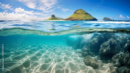 Stunning split view of tropical islands and a vibrant coral reef beneath crystal-clear ocean waters