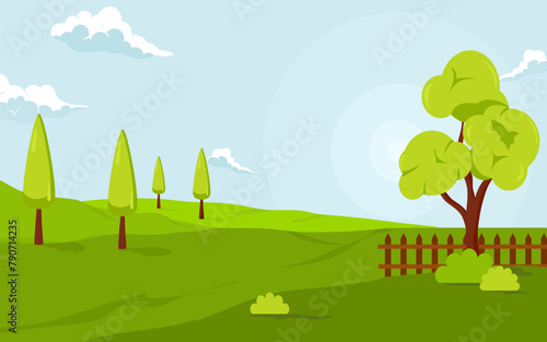 green meadow with trees and wooden fence