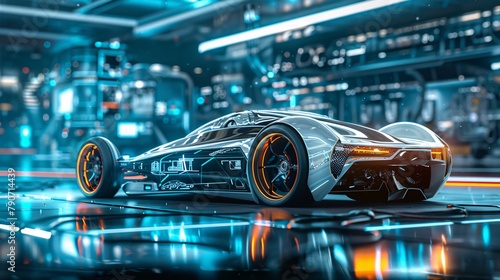 a captivating banner showcasing futuristic electric sports cars with high-performance chassis and batteries. Alternatively, depict innovative concepts of future EV factory production photo