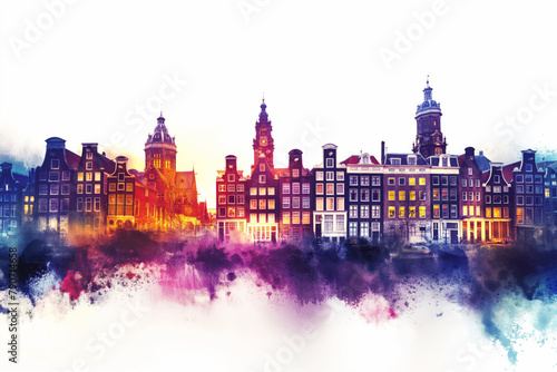 Amsterdam panorama. Nighttime watercolor of cityscape with magenta sky and illuminated buildings. Generative AI