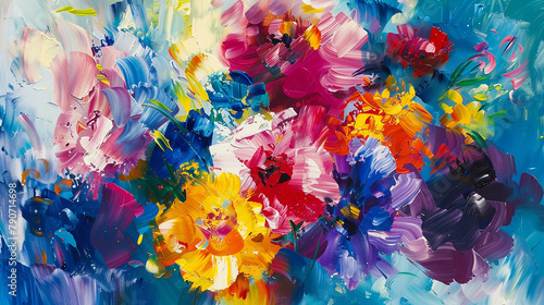 Bold and expressive, this abstract oil painting captures the beauty and vibrancy of blooming flowers. © Rafia