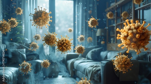 A 3D rendering of a living room with  SARS-CoV-2 virus particles floating in the air. photo