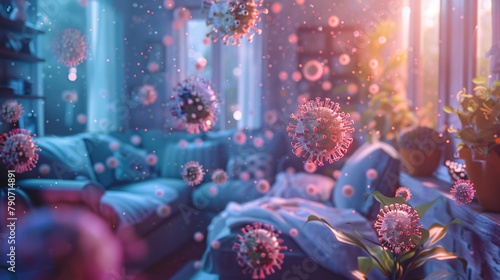 A 3D rendering of a virus floating in a living room. The virus is pink and the living room is blue.