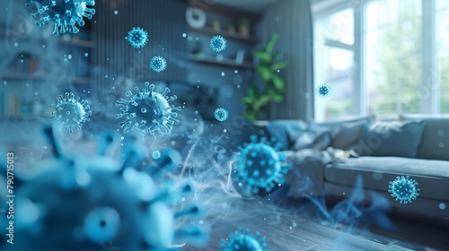 Blue virus particles floating in a room
