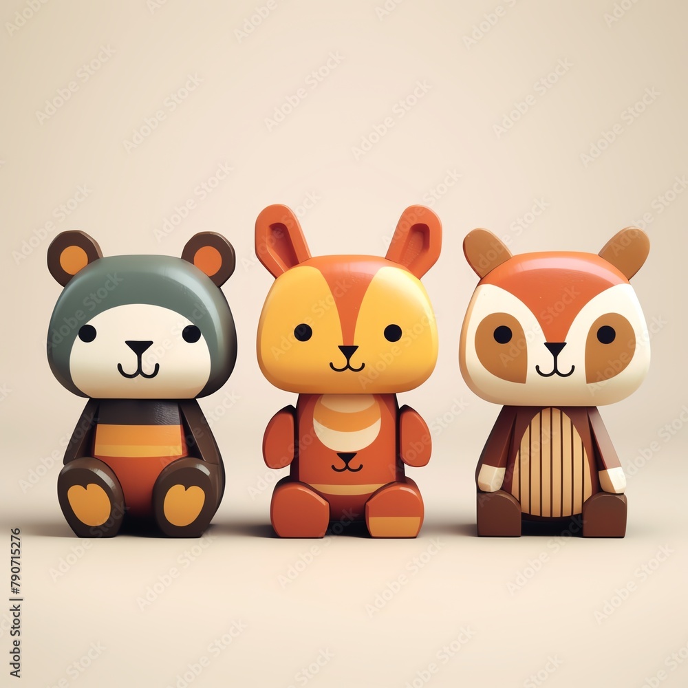 3d render of a squirrel, bear, and fox made of wood 3d render of a squirrel, bear, and fox made of wood