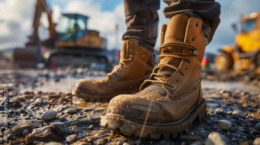 Sturdy brown work boots covered in dust stand firm on a gravel surface, with construction machinery in the background. Sturdy brown work boots covered in dust stand firm on a gravel surface, with construction machinery in the background.
