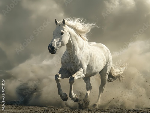 A white horse with a long white mane and tail is running through a field of tall grass. The horse is moving quickly and looks excited. The background is a dark sky filled with clouds.