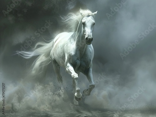 A white horse with a long flowing mane and tail is running through a field of tall grass. The horse is surrounded by a cloud of dust.