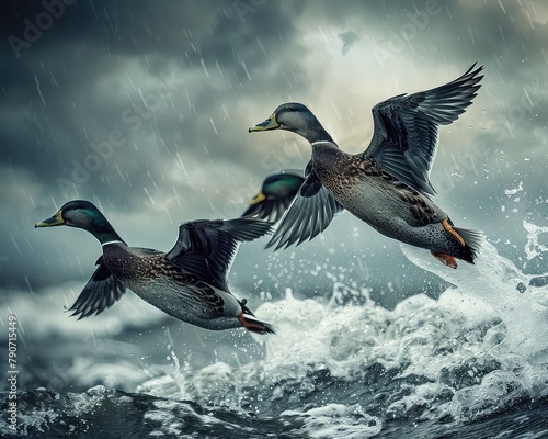 Three mallard ducks flying over a rough sea.