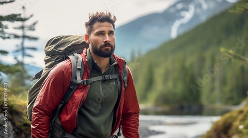 Outdoor Adventure Create a narrative centered around a stock photo of a man hiking or exploring the wilderness Follow his journey as he navigates rugged terrain, encounters wildlife, and discovers the