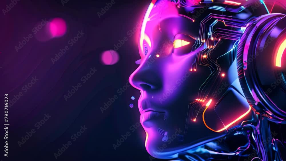 An artificial intelligence robot with headphones and colorful glowing elements on a dark background An artificial intelligence robot with headphones and colorful glowing elements on a dark background