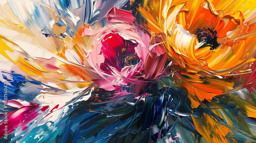 A canvas filled with abstract oil-painted flowers, each petal swirling in a kaleidoscope of hues.