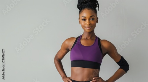 Woman in a purple sports bra and black leggings standing with hands on hips photo