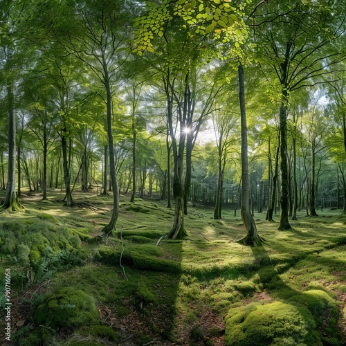 Sunlit Serenity: Panoramic View of the Summer Beech Forest