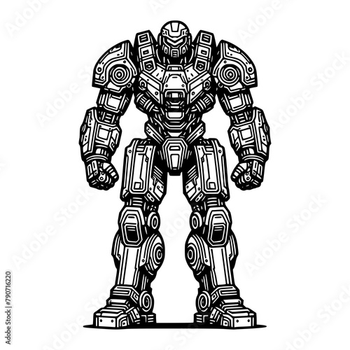 futuristic full body figure robot fighter mechanical body part with armory black outline detail vector art illustration